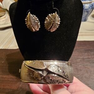 Vtg Sarah Coventry  Jewelry Set Bracelet & Earrings Leaves 1960s Estate Sale